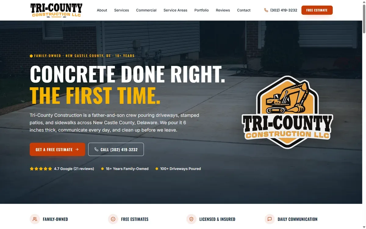Tri-County Construction website homepage built by Zero Degree Media