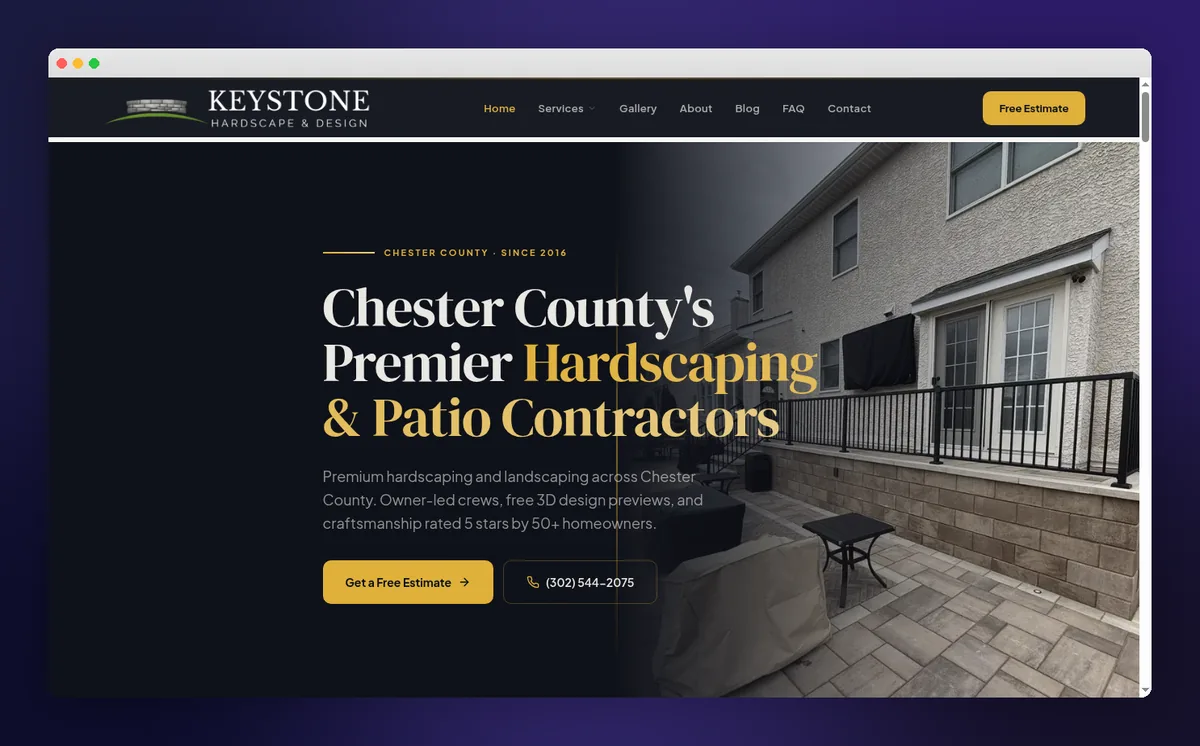 Keystone Hardscape & Design website homepage on desktop and mobile