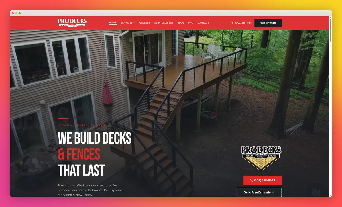 ProDecks Delaware website homepage on desktop and mobile